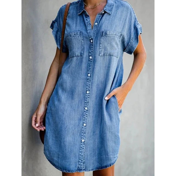 Single Breasted Denim Shirt Dress for Women Casual Loose Fit Pocket Design Retro Commuter Style
